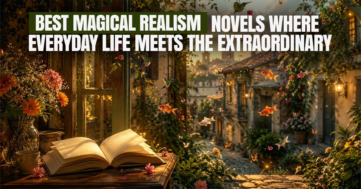 Open book in a dreamy garden setting with magical realism novels theme, floating flowers and fish creating a wonder-filled literary atmosphere.