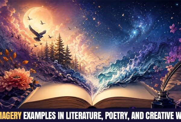 Open book releasing waves, stars, flowers, birds, and a feather quill for 100 imagery examples in literature and creative writing.