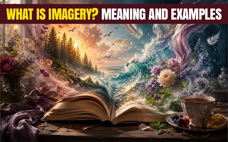 Open book surrounded by waves, flowers, forest scenery, and a steaming cup illustrating imagery meaning and examples.