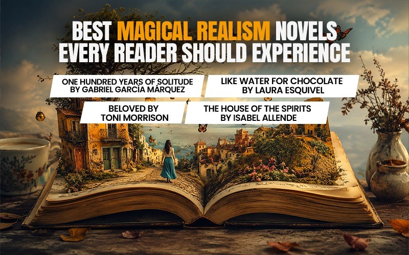 Open book with a dreamy landscape showing best magical realism novels every reader should experience, featuring classic book recommendations and a wonder-filled atmosphere.