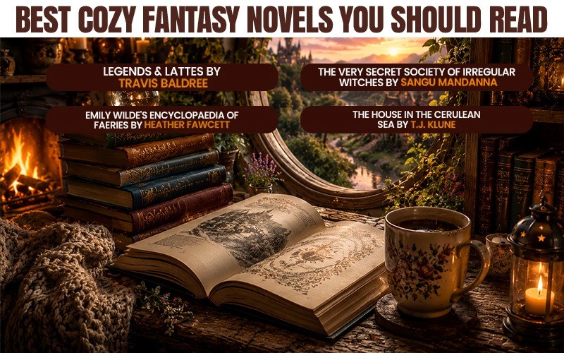 Open fantasy book beside warm tea, candlelight, and stacked novels, featuring best cozy fantasy novels you should read for a magical and comforting reading experience.