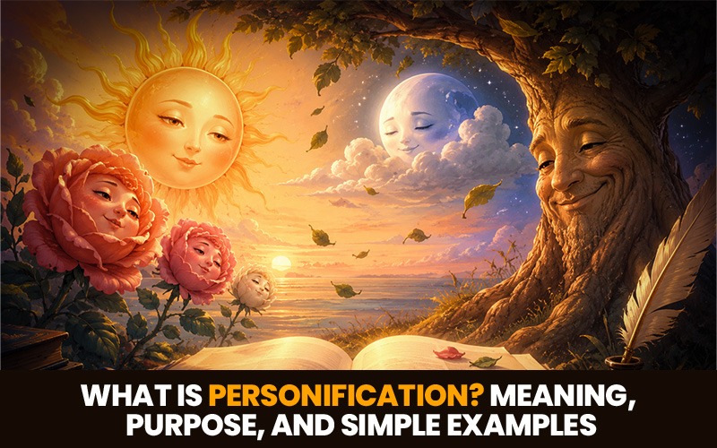 Personification meaning and simple examples illustrated by a smiling sun, moon, flowers, and tree with human features