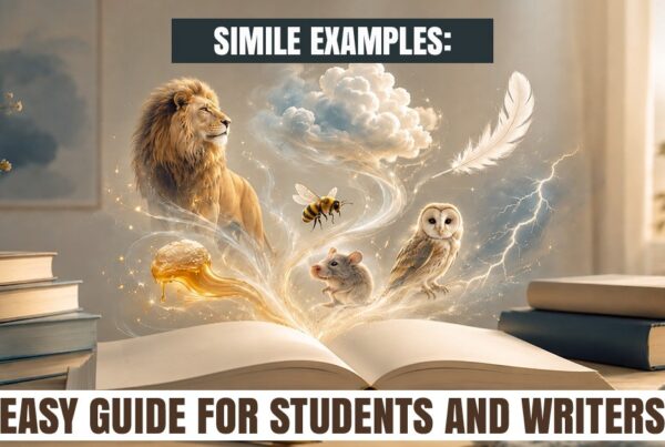 Simile examples for students and writers shown with animals, feather, lightning, and open book for learning figurative language