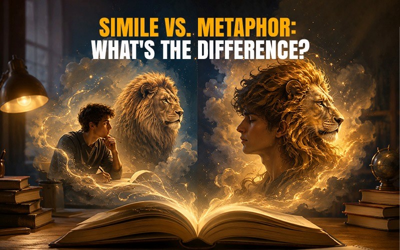 Simile vs metaphor difference explained with open book, lion imagery, and creative figurative language visuals