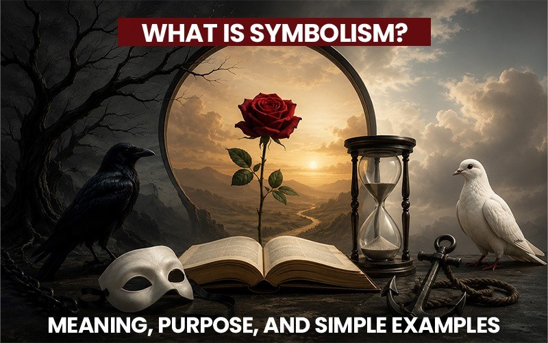 Symbolism examples illustrated by a rose, raven, dove, mask, hourglass, key, chain, and open book.