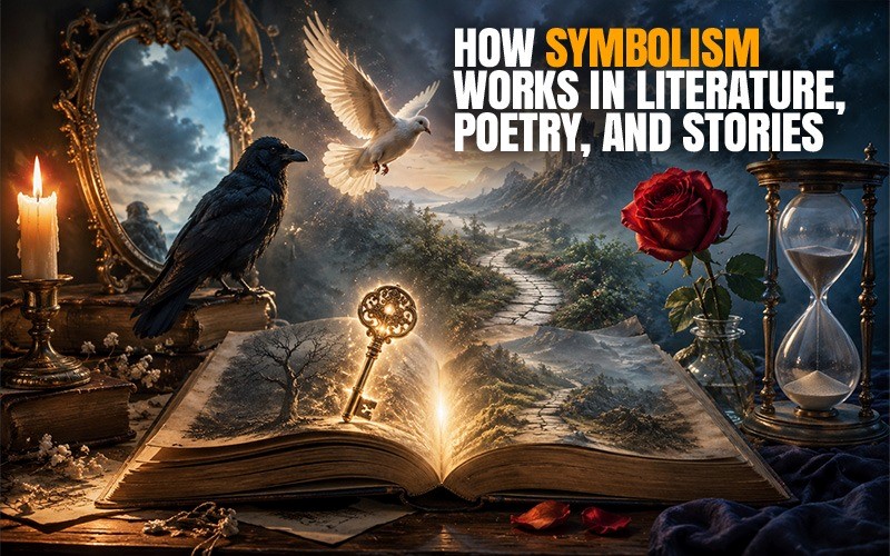 Symbolism examples in literature illustrated by an open book, raven, dove, rose, mirror, key, candle, and hourglass.
