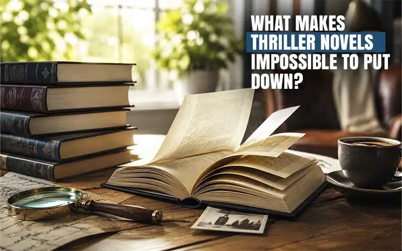 Thriller novels shown with an open book, stacked suspense books, magnifying glass, and dramatic reading atmosphere.