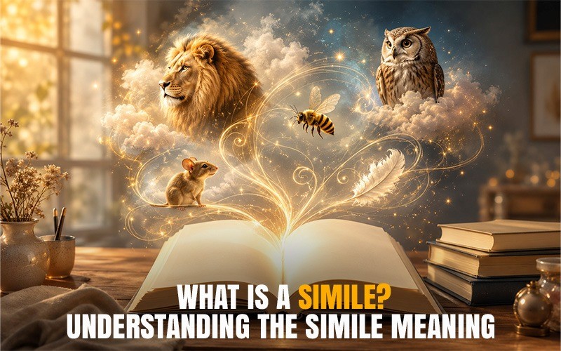 What is a simile and simile meaning explained with animals, feather, bee, and open book for figurative language learning