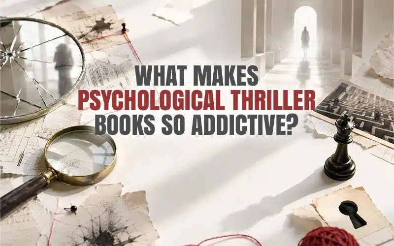 What makes psychological thriller books so addictive concept image showing suspense elements like mystery clues, magnifying glass, and crime investigation setup representing psychological thriller books that keep readers engaged with constant twists and tension.