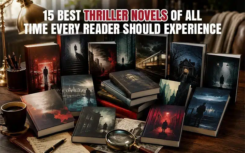 best thriller novels of all time displayed with suspense book covers, magnifying glass, and dark mystery-themed reading setup.
