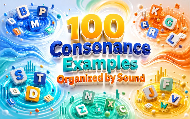 100 consonance examples organized by repeated consonant sounds with colorful letters and sound-wave patterns.