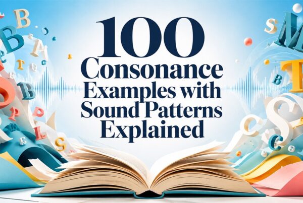 100 consonance examples with sound patterns explained through an open book, colorful letters, and audio waves.