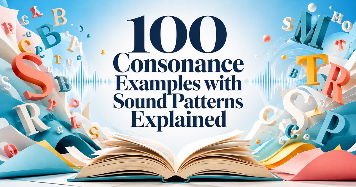 100 consonance examples with sound patterns explained through an open book, colorful letters, and audio waves.