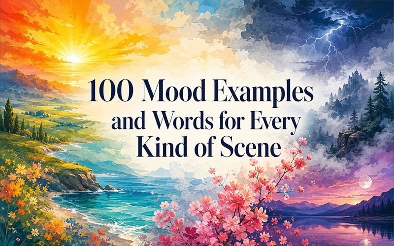 100 mood examples and words for joyful, peaceful, romantic, mysterious, and frightening writing scenes.