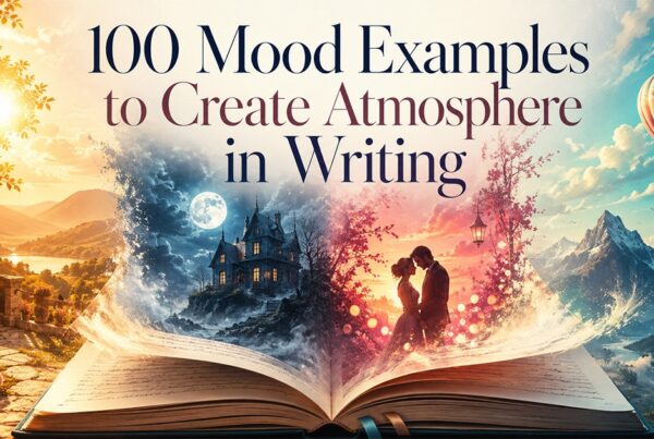 100 mood examples to create atmosphere in writing, illustrated through romantic, mysterious, peaceful, and adventurous scenes emerging from an open book.