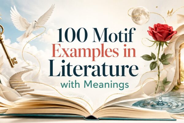 100 motif examples in literature with meanings illustrated by an open book, key, dove, rose, moon, doorway, and water symbols.