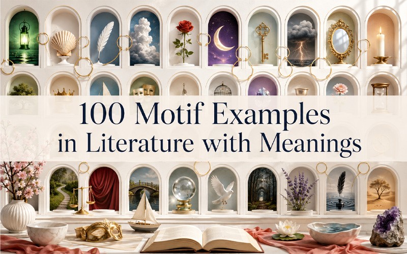 100 motif examples in literature with meanings illustrated through recurring symbols including a rose, key, moon, storm, mirror, bird, and candle.