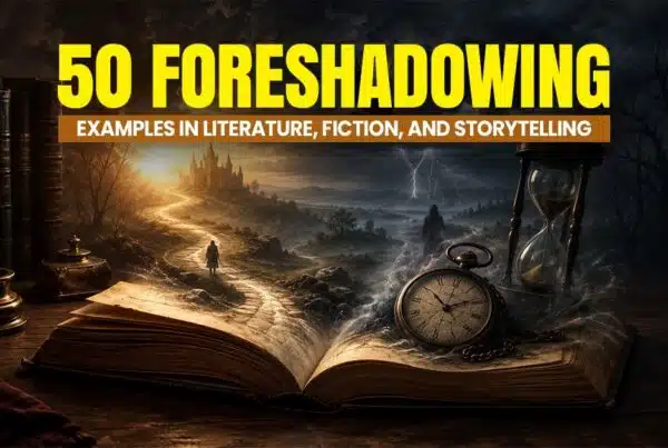 50 foreshadowing examples in literature, fiction, and storytelling illustrated through an open book with mysterious clues