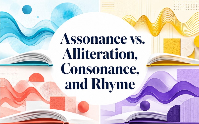 Assonance vs alliteration, consonance, and rhyme illustrated with open books and colorful sound-wave patterns.