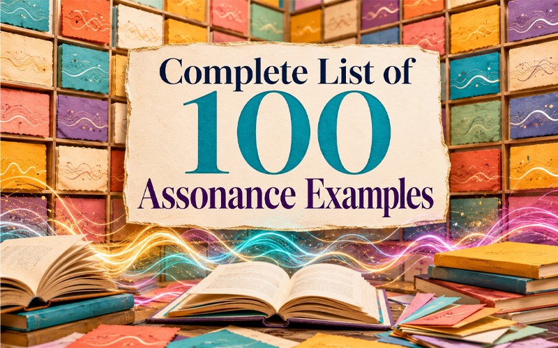 Complete list of 100 assonance examples illustrated with open books and colorful sound waves representing repeated vowel sounds.