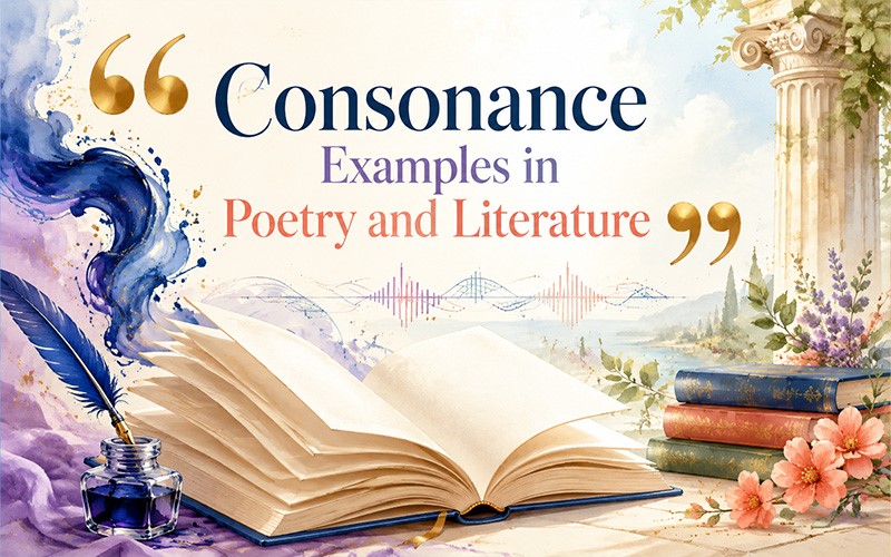 Consonance examples in poetry and literature illustrated with an open book, writing quill, sound waves, and classic books.