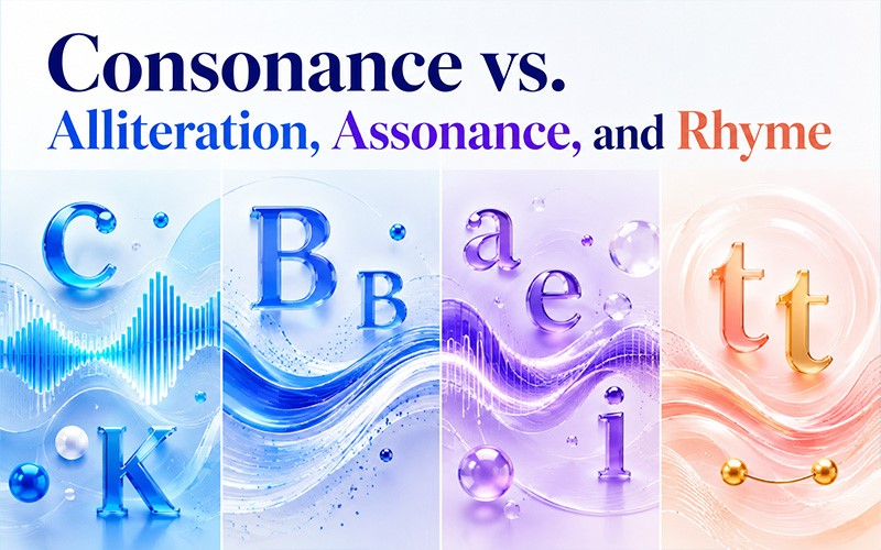 Consonance vs. alliteration, assonance, and rhyme comparison illustrated with consonant letters, vowels, and sound waves.