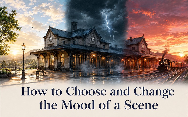 How to choose and change the mood of a scene using peaceful, stormy, and dramatic descriptions of a railway station.