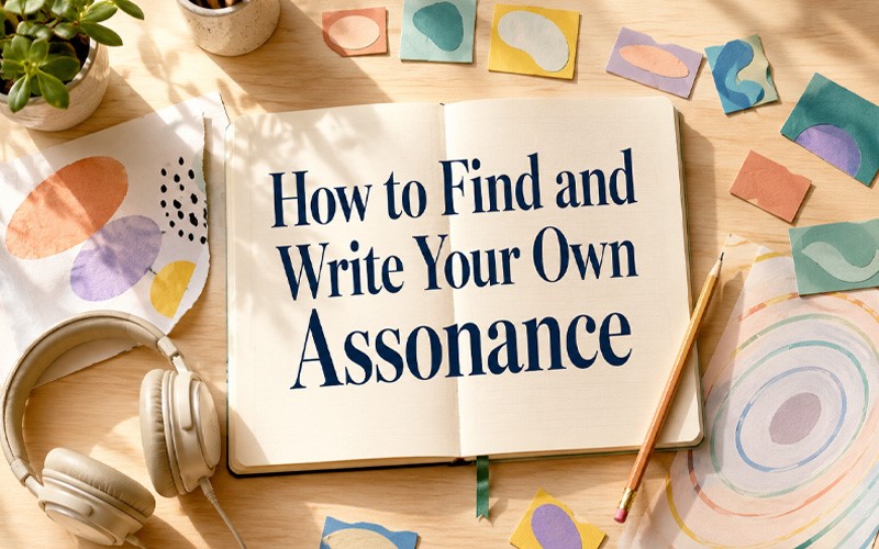 How to find and write your own assonance using a notebook, pencil, and headphones to identify repeated vowel sounds.