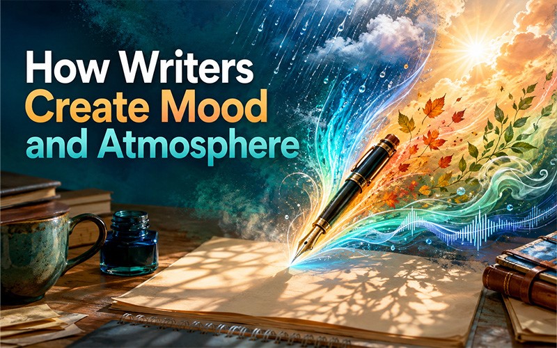How writers create mood and atmosphere through descriptive writing, weather, light, sound, and sensory imagery.