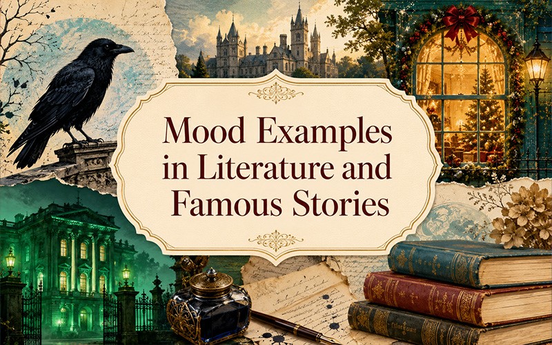 Mood examples in literature and famous stories illustrated with Gothic settings, a raven, classic books, and a warm Christmas scene.