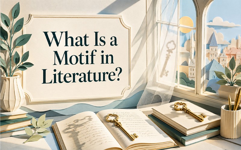 What is a motif in literature, illustrated with recurring keys, open books, and symbolic imagery.