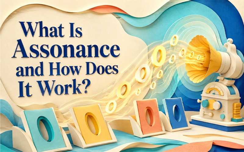 What is assonance and how it works, illustrated with repeated vowel sounds and sound waves emerging from a gramophone.