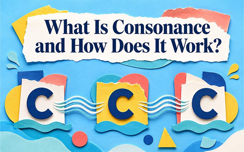 What is consonance and how it works, illustrated with repeated letter C sounds and flowing sound waves.