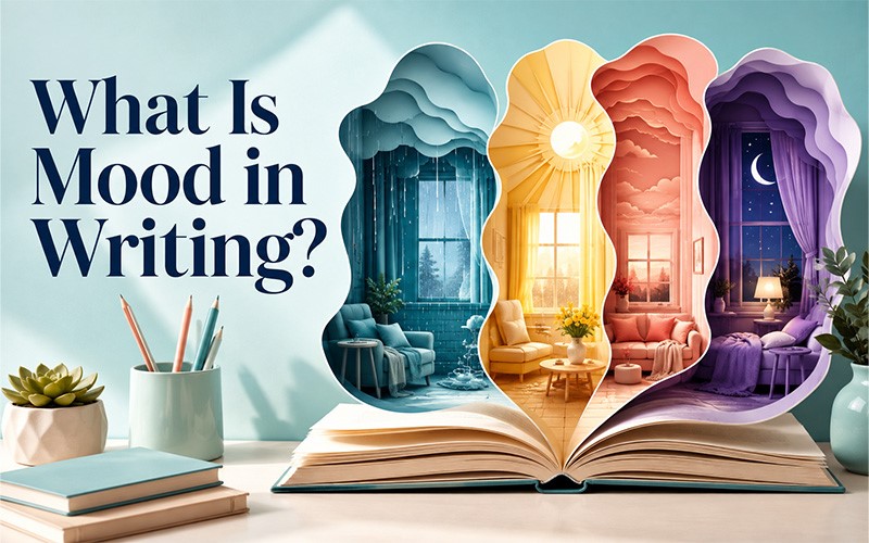 What is mood in writing, illustrated through rainy, bright, warm, and nighttime atmospheres emerging from an open book.