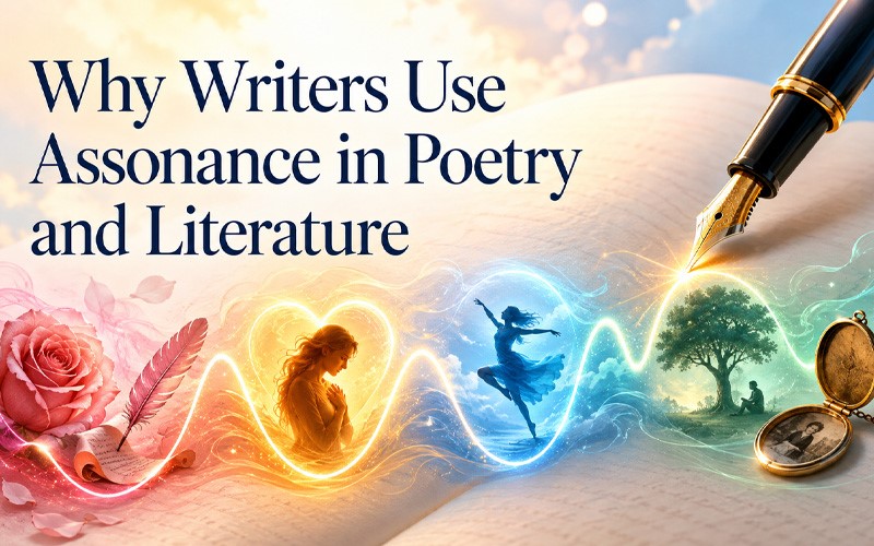 Why writers use assonance in poetry and literature, illustrated with a fountain pen, poetic imagery, and flowing sound waves.