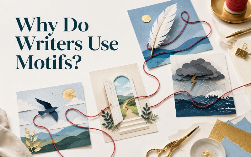 Why writers use motifs, illustrated with recurring bird, doorway, storm, ocean, feather, and connecting thread imagery.