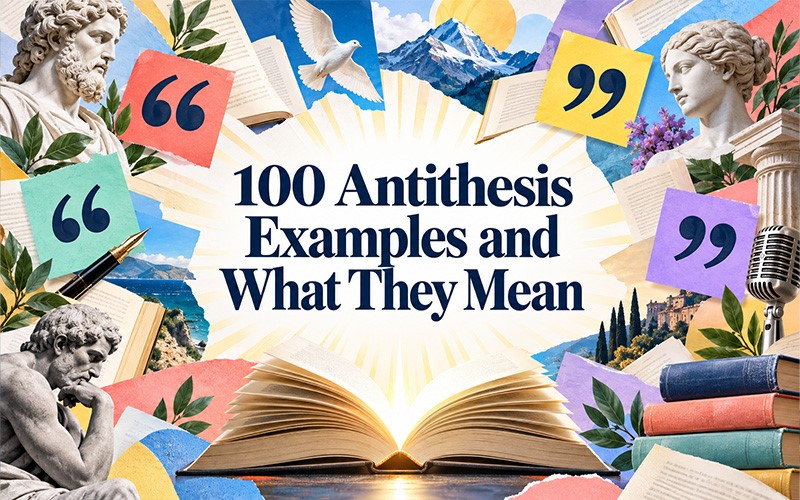 100 Antithesis Examples and what they mean featuring literary quotes, open books, classical statues, and speech symbols representing contrast in literature and rhetoric.