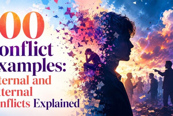 100 conflict examples illustrating internal and external conflicts through personal struggles and opposing characters.