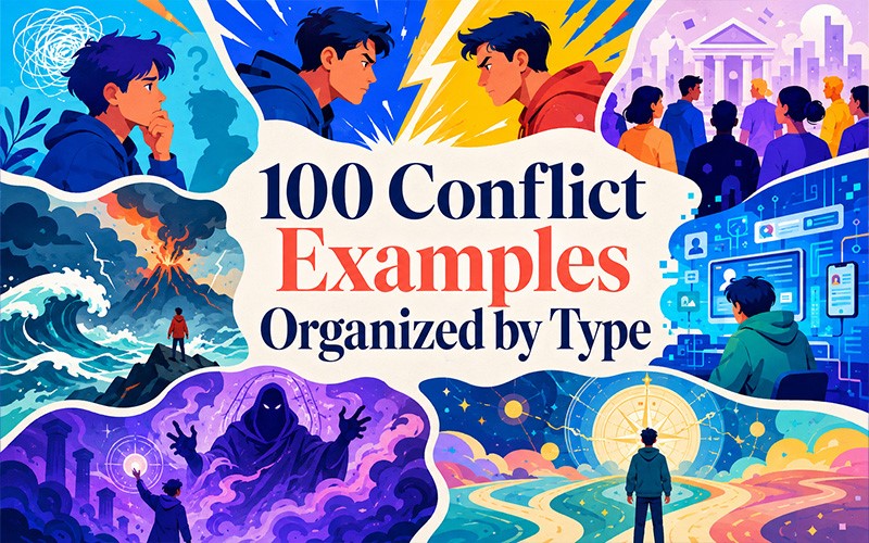 100 conflict examples organized by type, including character vs. self, character, society, nature, technology, supernatural forces, and fate.