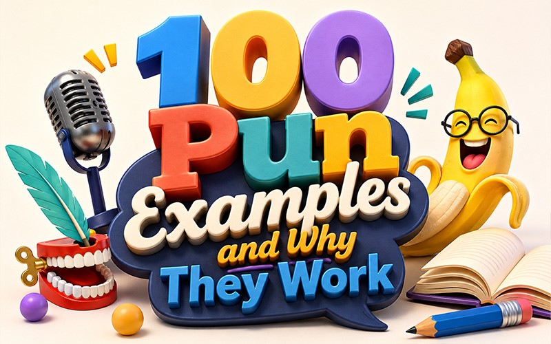 100 pun examples with humorous wordplay, books, and visual jokes showing how puns work.