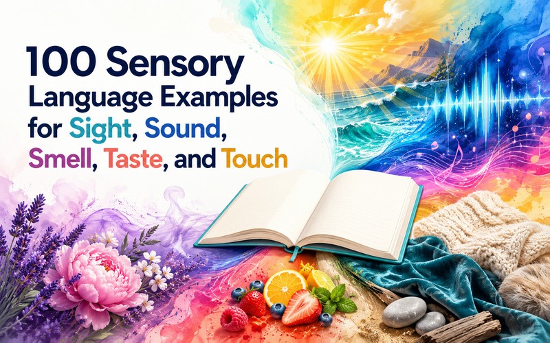 100 sensory language examples for sight, sound, smell, taste, and touch illustrated around an open book.