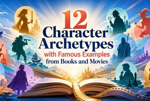 12 character archetypes with famous examples from books and movies, illustrated through recognizable literary and cinematic character roles.