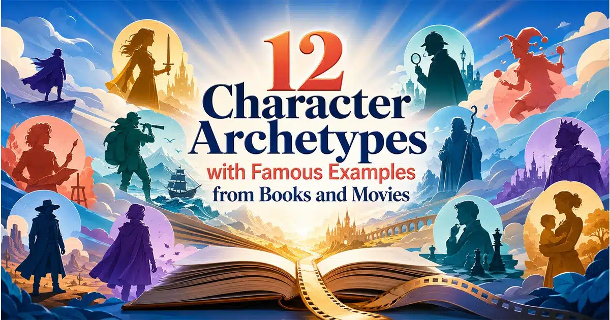 12 character archetypes with famous examples from books and movies, illustrated through recognizable literary and cinematic character roles.