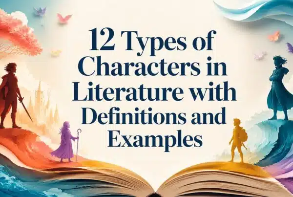 12 types of characters in literature with definitions and examples, illustrated through diverse fictional characters and an open storybook.