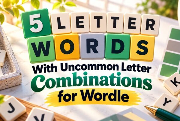 5 letter words with uncommon letter combinations for Wordle featuring colorful letter tiles and rare letters such as Q, X, Z, and J.