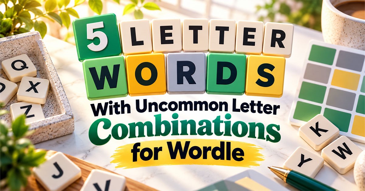 5 letter words with uncommon letter combinations for Wordle featuring colorful letter tiles and rare letters such as Q, X, Z, and J.