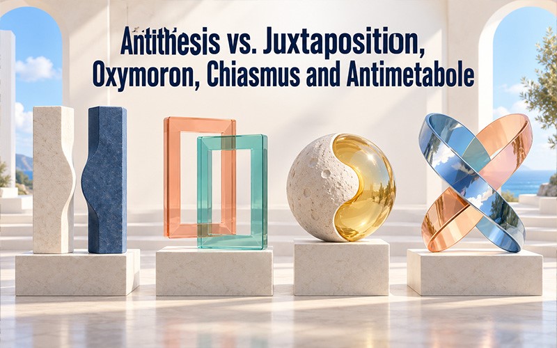 Antithesis vs. Juxtaposition, Oxymoron, Chiasmus and Antimetabole comparing literary devices through contrasting shapes and balanced visual elements representing differences in rhetorical techniques.