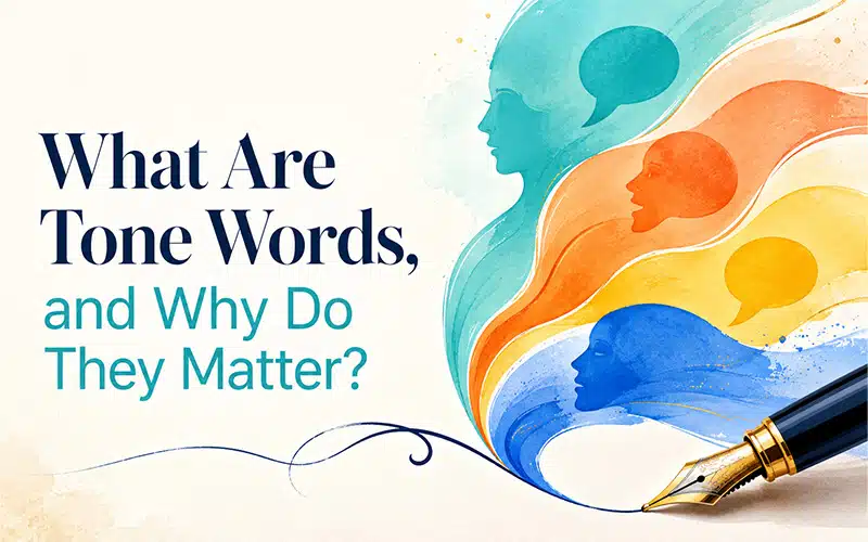 Colorful illustrated profiles and speech bubbles beside a fountain pen explaining what tone words are and why they matter in writing.