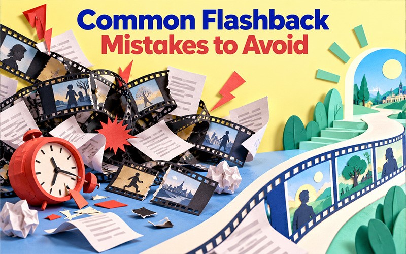 Common flashback mistakes to avoid showing broken film strips, scattered pages, and timeline confusion representing errors in flashback writing and storytelling.