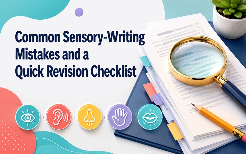 Common sensory-writing mistakes and revision checklist for improving sensory language examples using all five senses.